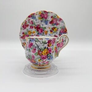 Royal Albert Rose Confetti Chintz Tea Cup and Saucer Set Gold Trim Bone China